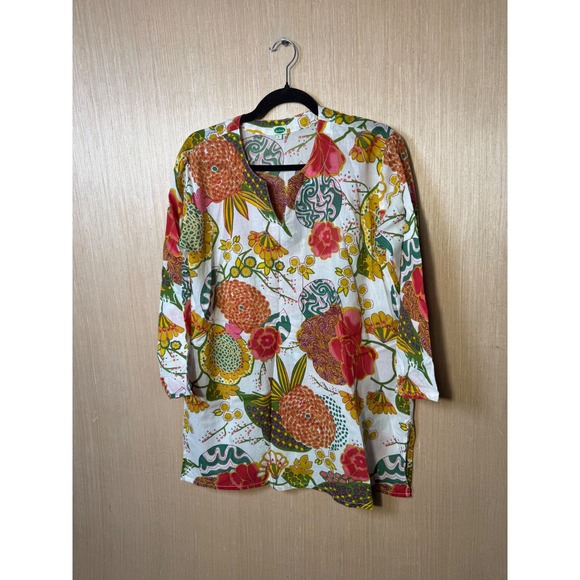 Dolma Tops - Dolma Womens Large Floral Split V-Neck Tunic Top Long Sleeve White Multicolor